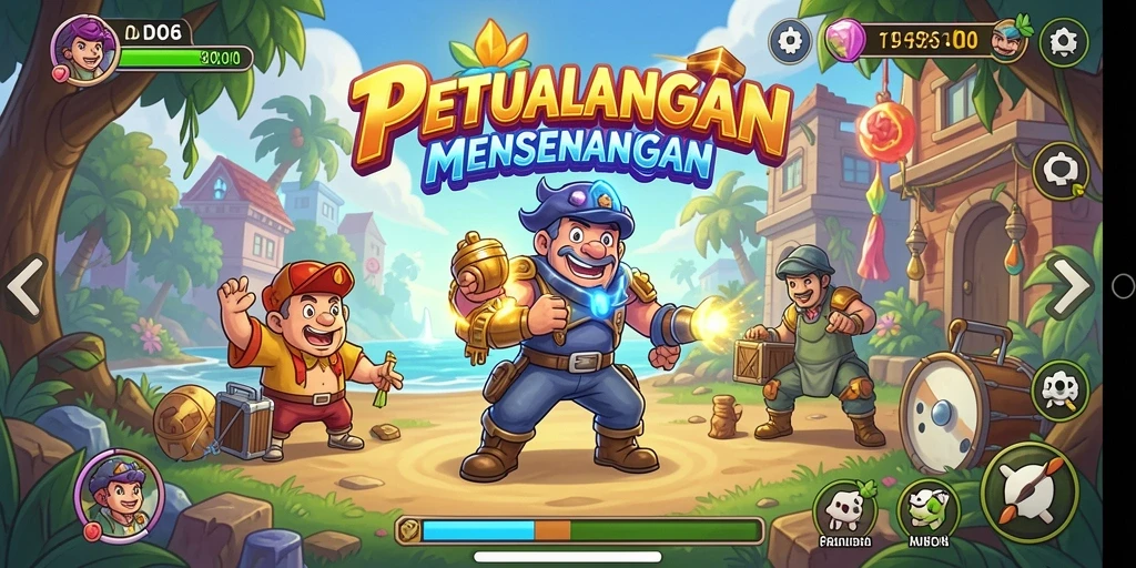 Screenshot D06 menampilkan serunya gameplay Arcade dengan berbagai level dan karakter.