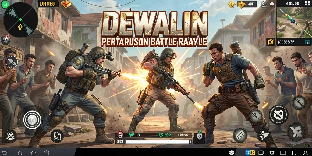Screenshot utama DEWALIN menampilkan pertempuran seru dalam dunia Battle Royale.