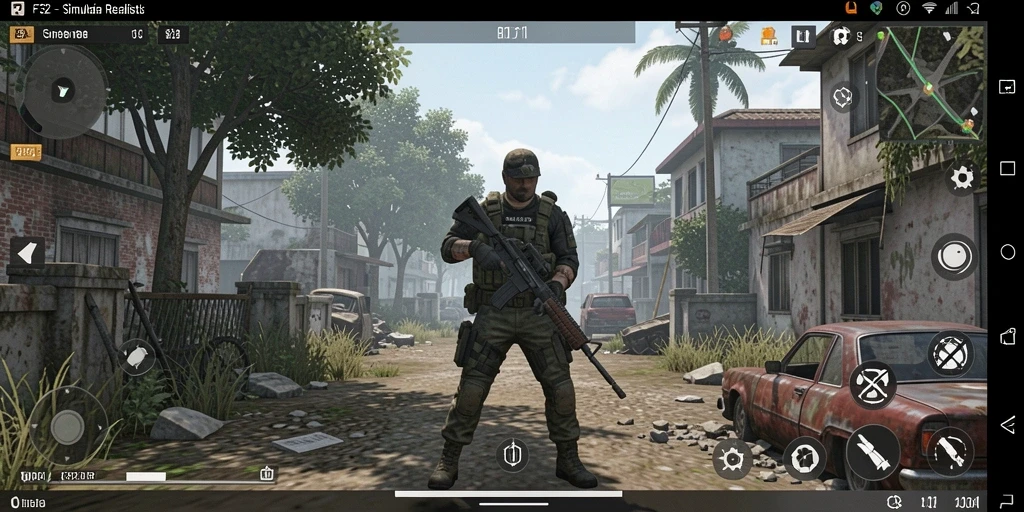 Screenshot menunjukkan gameplay F32 dengan grafis realistis dan interaksi karakter.