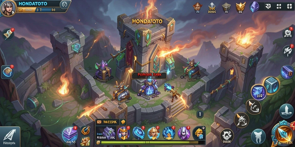 Tampilan gameplay menegangkan dalam HONDATOTO, menara dan musuh yang dinamis.