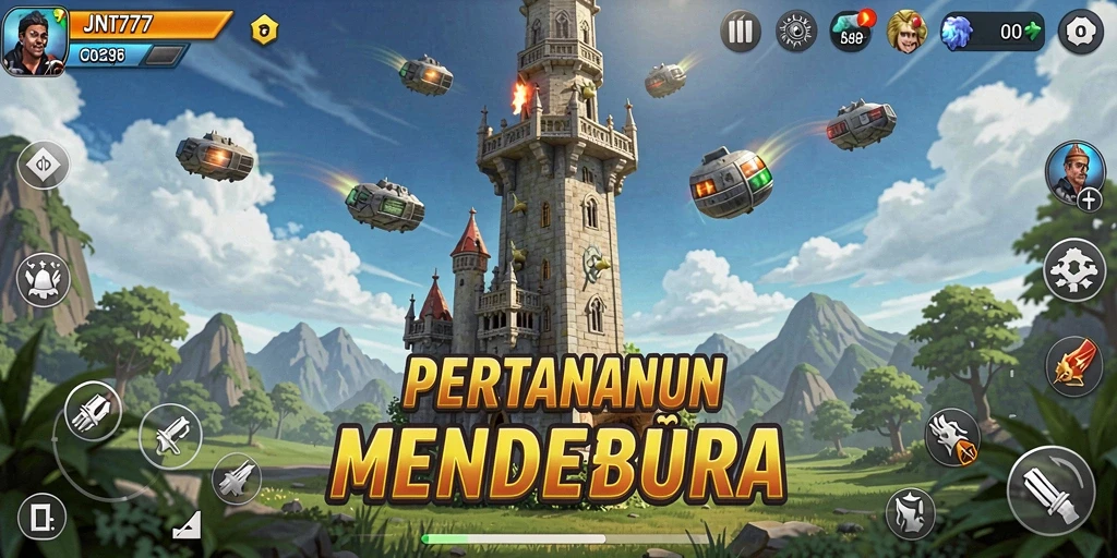 Screenshot utama JNT777 menampilkan aksi gameplay Tower Defense yang intens.