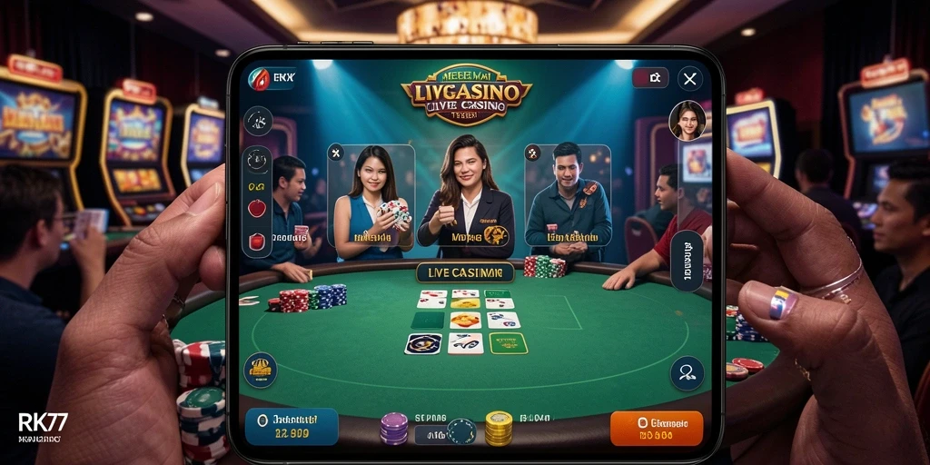Tampilan gameplay memukau dalam RK77 dengan dealer langsung dan suasana kasino.